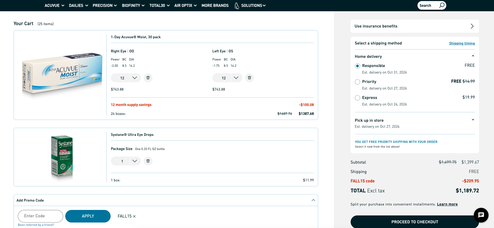 screenshot showing our Contactsdirect cart with a year supply of contacts and contact solution with the fall discount code successfully applied